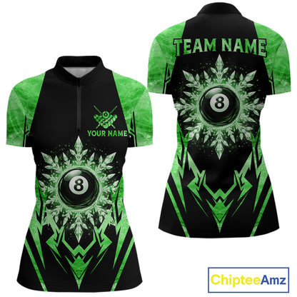 Black and green 8 ball pool icy billiard team jersey quarter zip shirt for women featuring icy 8 ball artwork with bold green accents for competitive pool players.