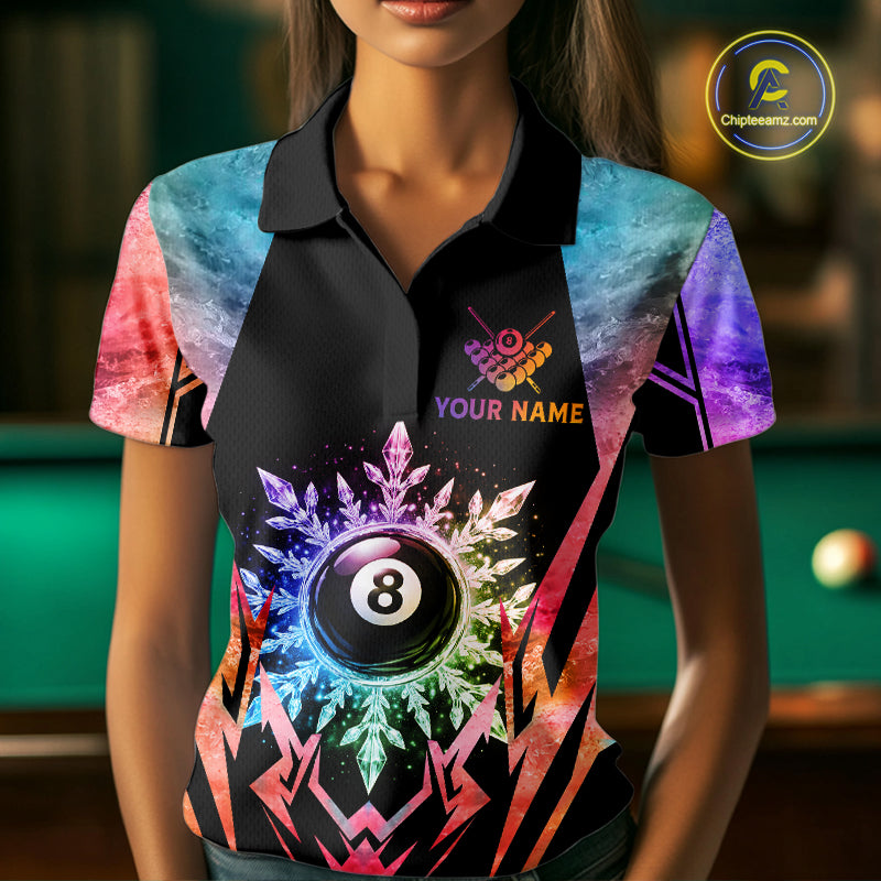Woman wearing custom colorful 8 ball pool icy billiard team jersey polo shirt featuring the colorful icy 8 ball design, front view.