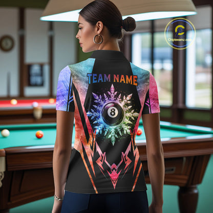 Woman wearing custom colorful 8 ball pool icy billiard team jersey polo shirt featuring the colorful icy 8 ball design, back view.