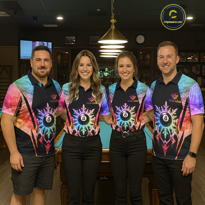 Billiard team wearing matching custom colorful icy 8 ball pool jerseys featuring the frozen artwork, front view.