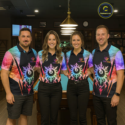Billiard team wearing matching custom colorful icy 8 ball pool jerseys featuring the frozen artwork, front view.