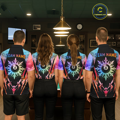 Billiard team wearing matching custom colorful icy 8 ball pool jerseys featuring the frozen artwork, back view.