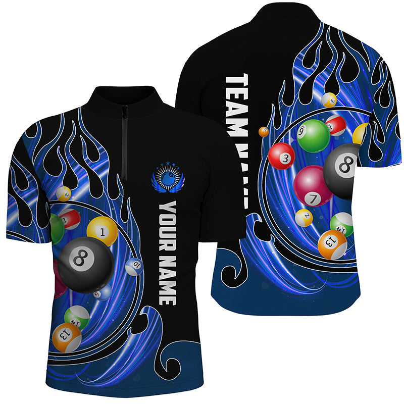 3D Billiard Balls Fire Flame Custom Pool Shirts For Men, Billiard League Team Jerseys | Blue TDM2719
