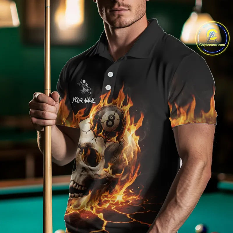Orange Flaming Skull 8 Ball Billiard Shirt For Men Custom Pool Team Jersey Polo & Quarter Zip TDM5421