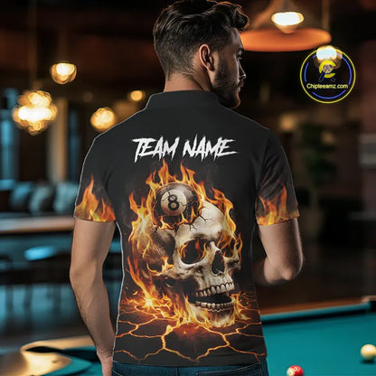 Orange Flaming Skull 8 Ball Billiard Shirt For Men Custom Pool Team Jersey Polo & Quarter Zip TDM5421