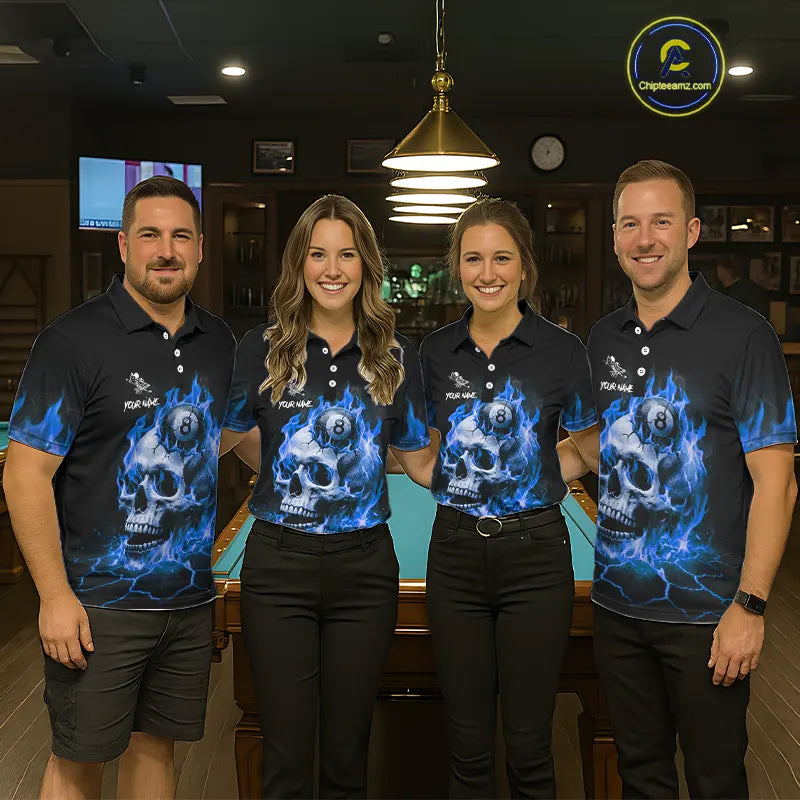 Blue Flaming Skull 8 Ball Billiard Shirt For Men Custom Pool Team Jersey Polo & Quarter Zip TDM5422
