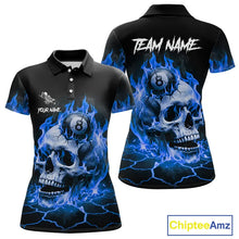 Load image into Gallery viewer, Blue Flaming Skull 8 Ball Billiard Shirt For Women Custom Pool Team Jersey Polo &amp; Quarter Zip TDM5422