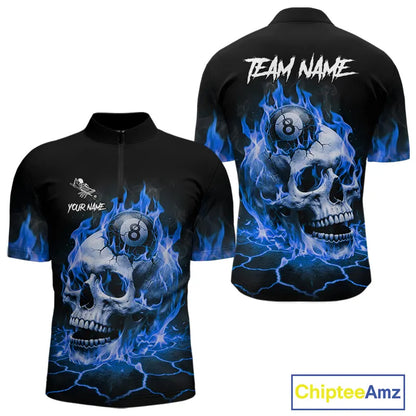 Blue Flaming Skull 8 Ball Billiard Shirt For Men Custom Pool Team Jersey Polo & Quarter Zip TDM5422
