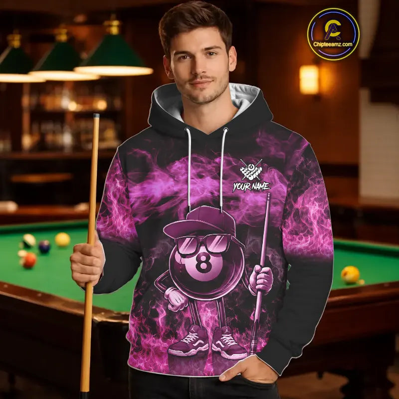 Pink Funny 8 Ball Pool Flame Smoke Billiard Hoodie For Men And Women Custom 8 Ball Hoodie Jersey TDM5693