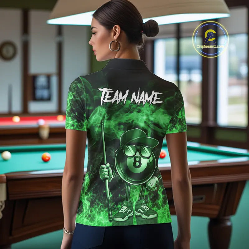 Green Funny 8 Ball Pool Flame Smoke Billiard Shirt For Women Custom Billiard Team Jersey Uniform TDM5695