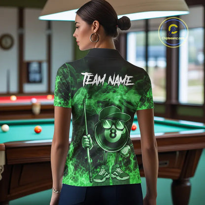 Green Funny 8 Ball Pool Flame Smoke Billiard Shirt For Women Custom Billiard Team Jersey Uniform TDM5695