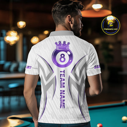 White And Purple Custom Crown 8 Ball Men's Billiards Shirts, Billiard Jersey Team Polo & 1/4 Zip TDM6054