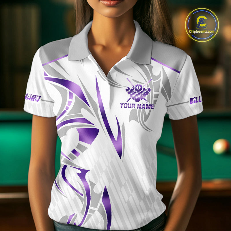 White And Purple Custom Crown 8 Ball Women's Billiards Shirts, Billiard Jersey Team Polo & 1/4 Zip TDM6054