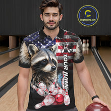 Load image into Gallery viewer, Man Wearing Smoke American Flag Raccoon Bowling Polo Shirt Front View Custom Patriotic Bowling Jersey