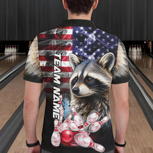 Load image into Gallery viewer, Man Wearing Smoke American Flag Raccoon Bowling Polo Shirt Back View Patriotic Bowling Team Jersey