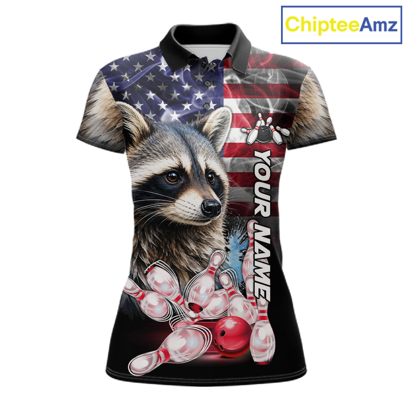Smoke American Flag Raccoon Bowling Polo Shirt For Women Custom Patriotic Bowling Team Jersey Design