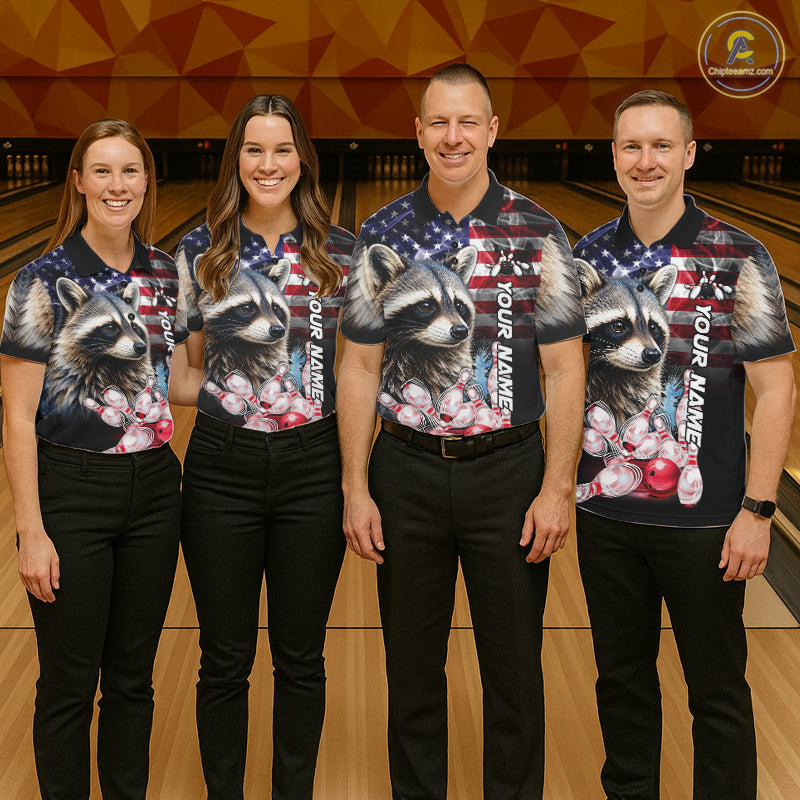 Bowling Team Wearing Smoke American Flag Raccoon Bowling Polo Shirts Front View