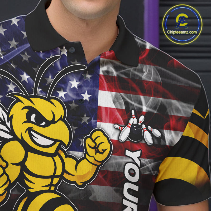 Close Up Of Smoke American Flag Funny Bee Bowling Polo Shirt Collar Chest And Button Details