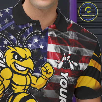 Close Up Of Smoke American Flag Funny Bee Bowling Polo Shirt Collar Chest And Button Details
