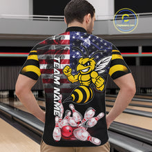 Load image into Gallery viewer, Man Wearing Smoke American Flag Funny Bee Bowling Quarter Zip Shirt Back View Patriotic Bowling Team Jersey
