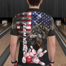 Load image into Gallery viewer, Man Wearing Smoke American Flag Wolf Bowling Polo Shirt Back View Patriotic Bowling Team Jersey