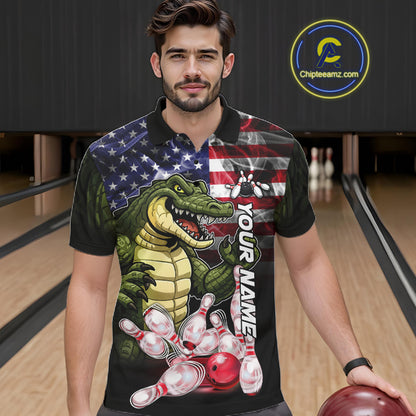 Man Wearing Smoke American Alligator Bowling Polo Shirt Front View Custom Patriotic Bowling Jersey
