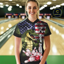 Load image into Gallery viewer, Woman Wearing Smoke American Alligator Bowling Quarter Zip Shirt Front View Custom Bowling Jersey