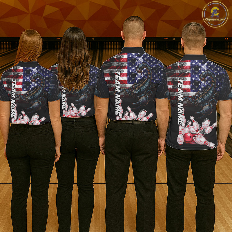 Bowling Team Wearing Smoke American Flag Scorpion Bowling Polo Shirts Back View