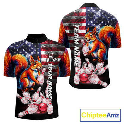 Smoke American Flag Squirrel Bowling Quarter Zip Shirt For Men Custom Patriotic Bowling Team Jersey