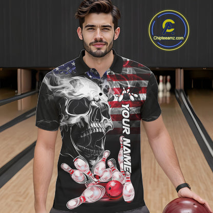 Man Wearing Smoke American Flag Skull Bowling Polo Shirt Front View Custom Patriotic Bowling Jersey