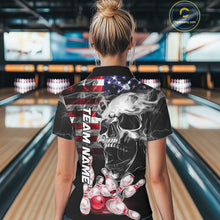 Load image into Gallery viewer, 6. Woman Wearing Smoke American Flag Skull Bowling Polo Shirt Back View Patriotic Bowling Team Jersey