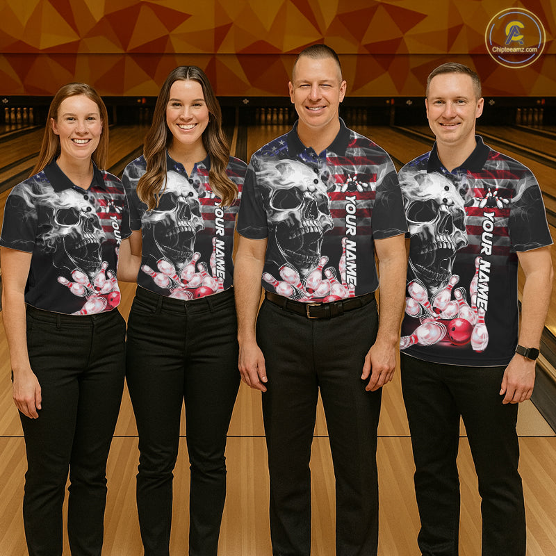 Bowling Team Wearing Smoke American Flag Skull Bowling Polo Shirts Front View