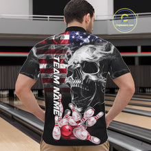 Load image into Gallery viewer, Man Wearing Smoke American Flag Skull Bowling Quarter Zip Shirt Back View Patriotic Bowling Team Jersey