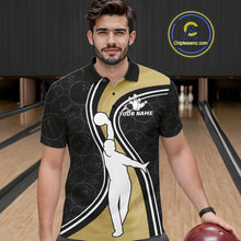 Load image into Gallery viewer, Man Wearing Black And Gold Retro Bowling Polo Shirt Front View Custom Bowling Jersey