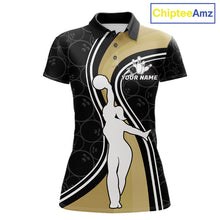 Load image into Gallery viewer, Black And Gold Retro Bowling Custom Polo Shirt For Women Bowling League Team Jersey