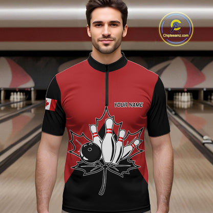 Man Wearing Canada Bowling Quarter Zip Shirt Front View Custom Bowling Team Jersey