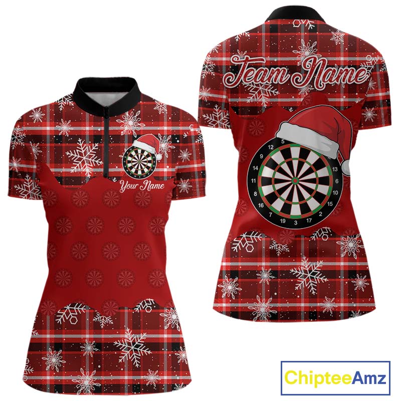 Funny Santa Dartboard Womens Darts Shirt Custom Red Plaid Snowflake Christmas Darts Jerseys Gifts TDM5182
