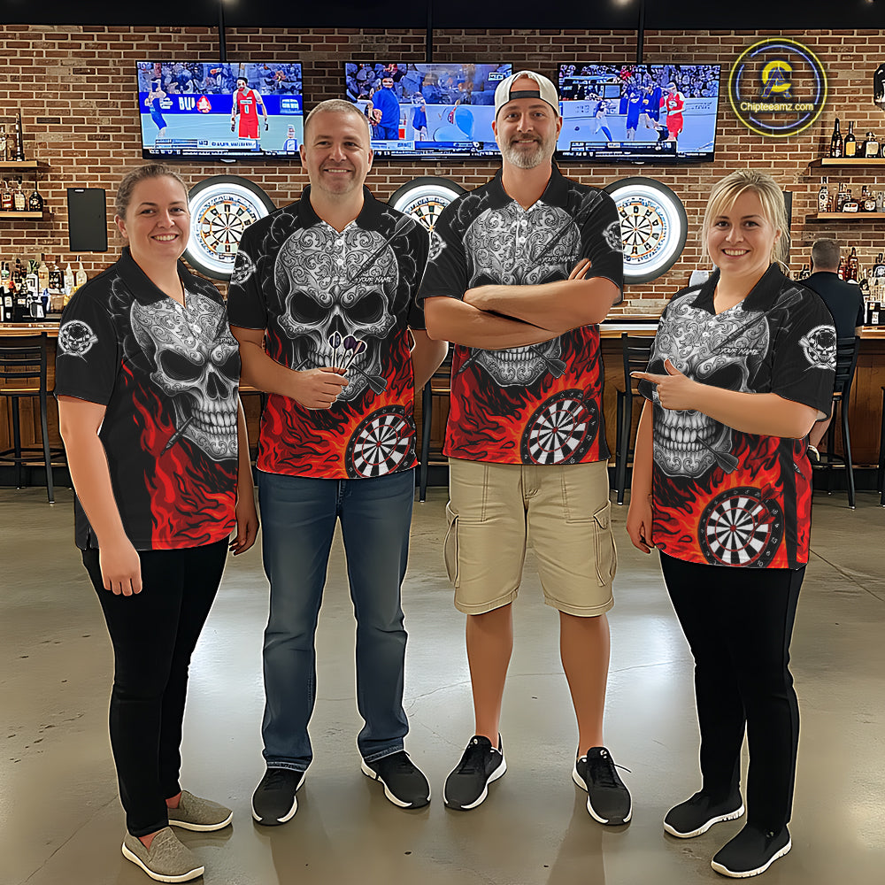 Black And Red Flaming Skull Darts Shirt For Men Custom Darts League Jersey Team Polo & 1/4 Zip TDM5435