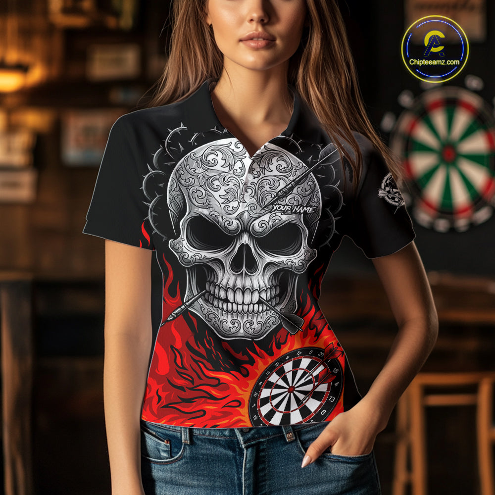 Black And Red Flaming Skull Darts Shirt For Women Custom Darts League Jersey Team Polo & 1/4 Zip TDM5435