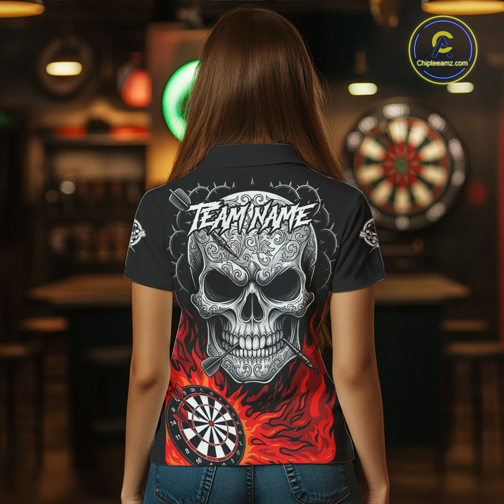 Black And Red Flaming Skull Darts Shirt For Women Custom Darts League Jersey Team Polo & 1/4 Zip TDM5435