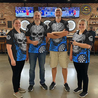 Black And Blue Flaming Skull Darts Shirt For Men Custom Darts League Jersey Team Polo & 1/4 Zip TDM5436