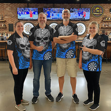 Load image into Gallery viewer, Black And Blue Flaming Skull Darts Shirt For Women Custom Darts League Jersey Team Polo &amp; 1/4 Zip TDM5436
