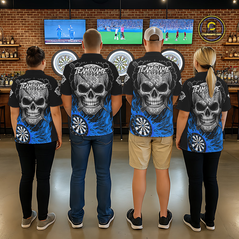 Black And Blue Flaming Skull Darts Shirt For Men Custom Darts League Jersey Team Polo & 1/4 Zip TDM5436