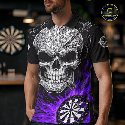 Black And Purple Flaming Skull Darts Shirt For Men Custom Darts League Jersey Team Polo & 1/4 Zip TDM5437