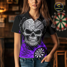 Load image into Gallery viewer, Black And Purple Flaming Skull Darts Shirt For Women Custom Darts League Jersey Team Polo &amp; 1/4 Zip TDM5437