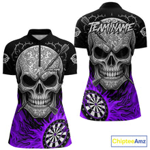 Load image into Gallery viewer, Black And Purple Flaming Skull Darts Shirt For Women Custom Darts League Jersey Team Polo &amp; 1/4 Zip TDM5437