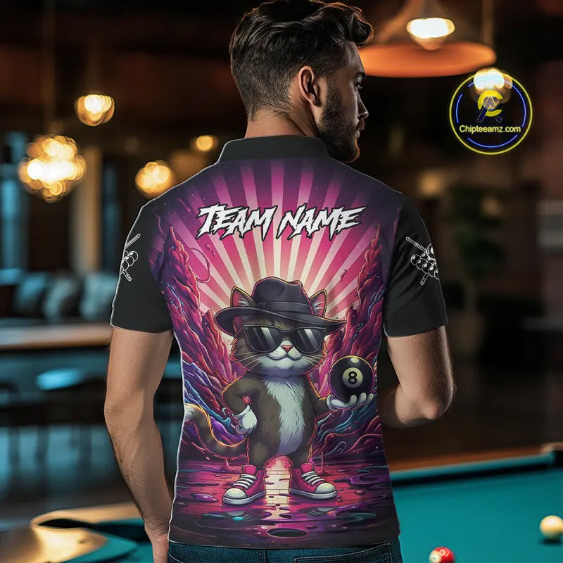 Funny Cat 8 Ball Billiard Shirt For Men Custom Neon Graffiti Billiard Jersey Team Polo & 1/4 Zip TDM5444
