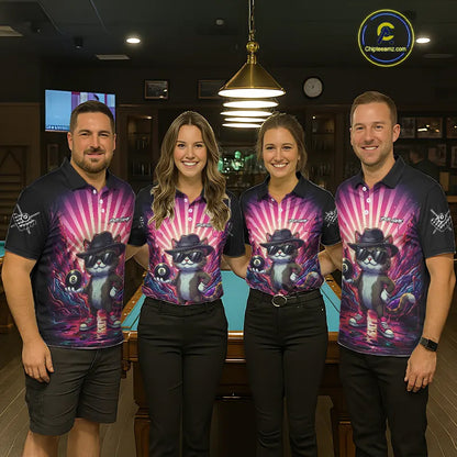 Funny Cat 8 Ball Billiard Shirt For Men Custom Neon Graffiti Billiard Jersey Team Polo & 1/4 Zip TDM5444