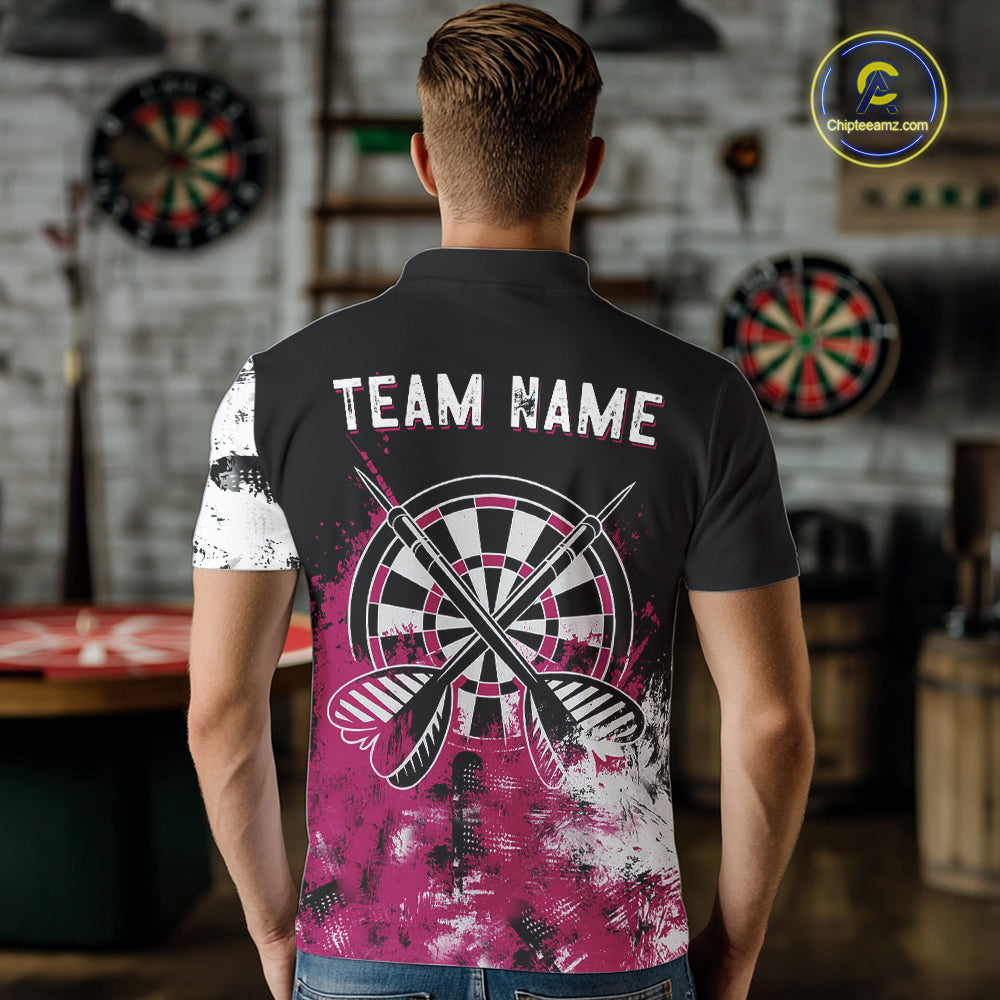 Personalized Pink Grunge Mens Dart Shirts Custom Dart Jerseys Team Polo & 1/4 Zip, Darts Uniform TDM5701
