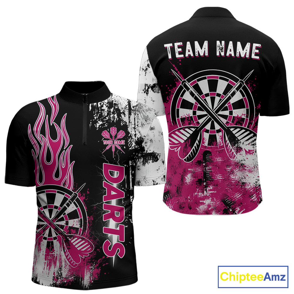 Personalized Pink Grunge Mens Dart Shirts Custom Dart Jerseys Team Polo & 1/4 Zip, Darts Uniform TDM5701